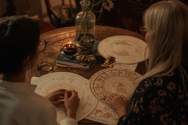 Astrologie-Session: Gespräch am Tisch mit Horoskop-Unterlagen. KI-generiertes Bild.