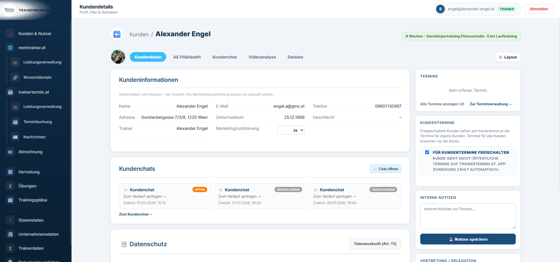 B2B-Portal: Sidebar, Kundenliste und geöffnete Akte.
