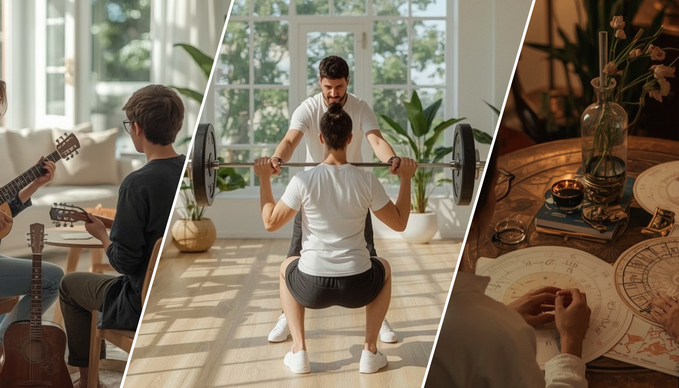 Drei Berufe, ein System: Gitarrenunterricht, Personal Training und Astrologie. KI-generiertes Bild.