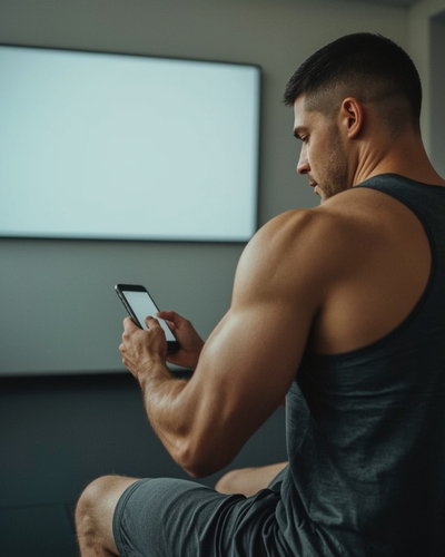 Kunde nach dem Training schaut aufs Smartphone. KI-generiertes Bild.
