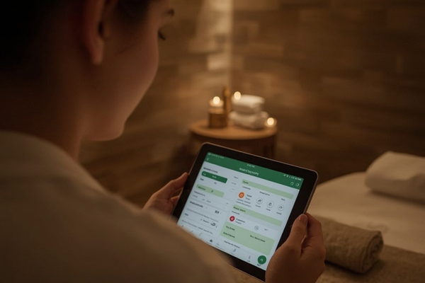 Massagepraxis: ruhiger Behandlungsraum, Tablet mit Terminkalender. KI-generiertes Bild.