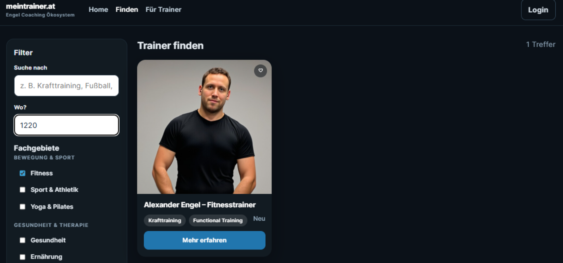Suche auf meintrainer.at mit Trainerkacheln und Filter nach Fachgebiet und Ort.