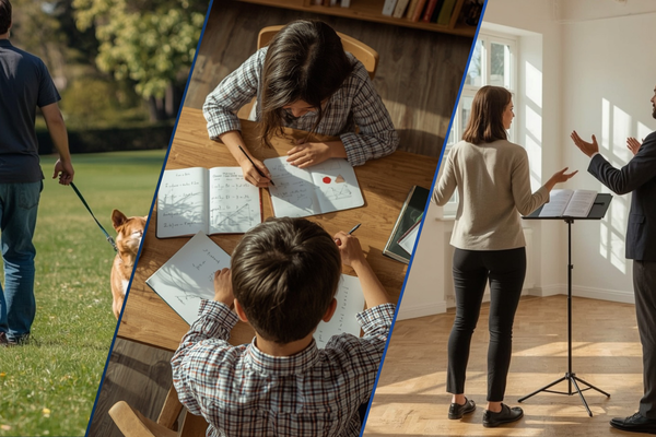 Collage: Hundetraining, Nachhilfe am Küchentisch und Unterricht. KI-generiertes Bild.